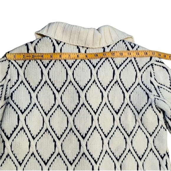 Rodier France Wool Cardigan Ivory Navy Diamond Pattern Sweater Collar Vintage L - Picture 6 of 12